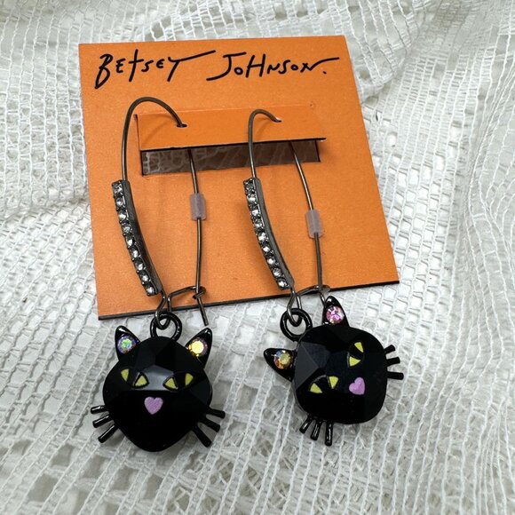 Betsey Johnson Black Cat Earrings With Rhinestone Accents Drop Style Unique Hall